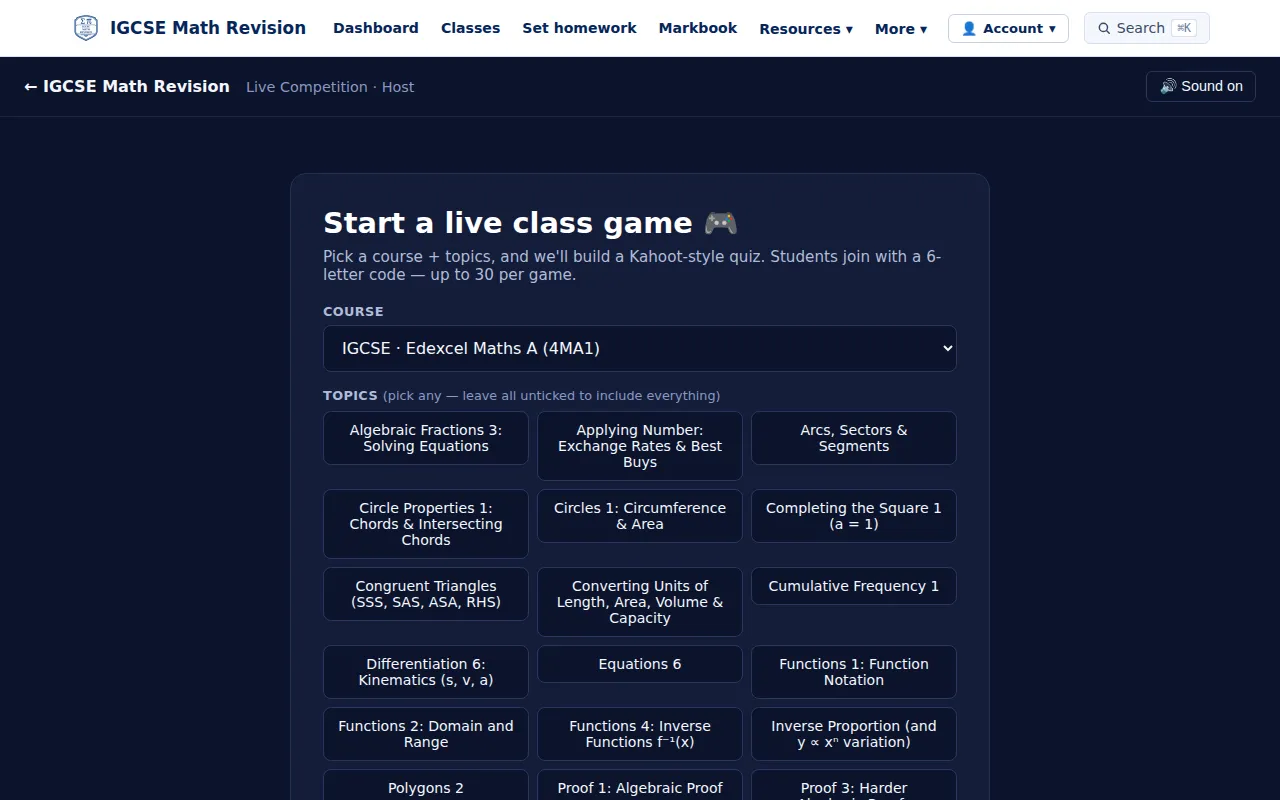 IGCSE Maths live class game set-up: choosing a course and topics