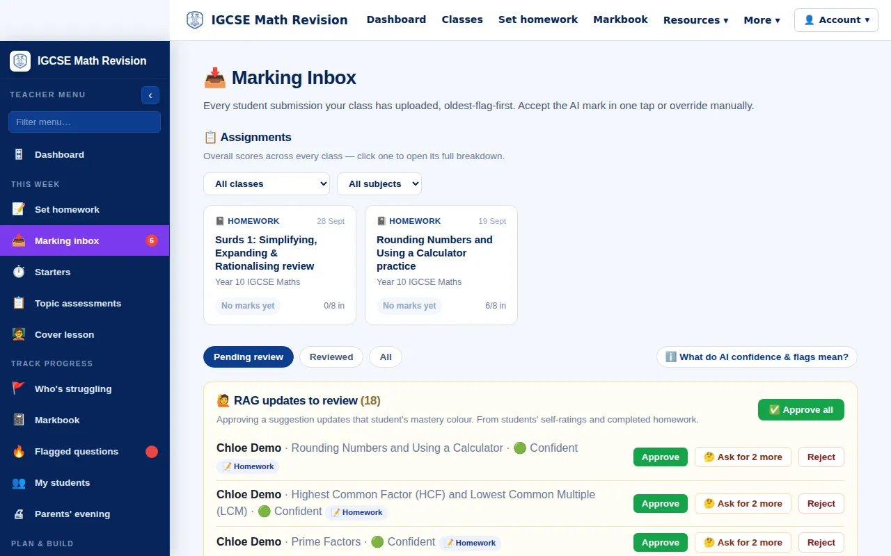 IGCSE Maths marking inbox with homework hand-ins and mastery updates to approve