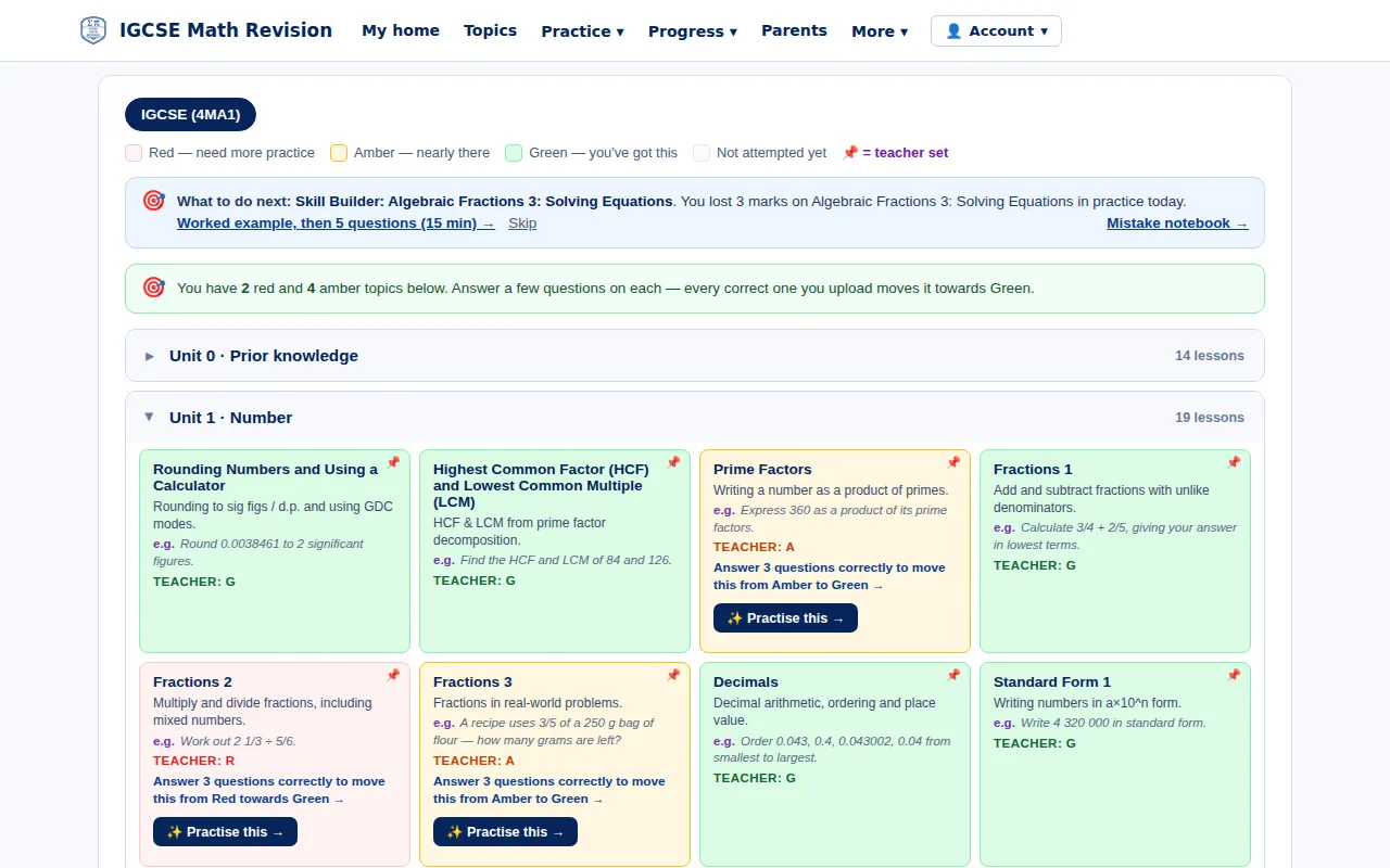 IGCSE Maths mastery map: lessons coloured red, amber and green with a suggested next step