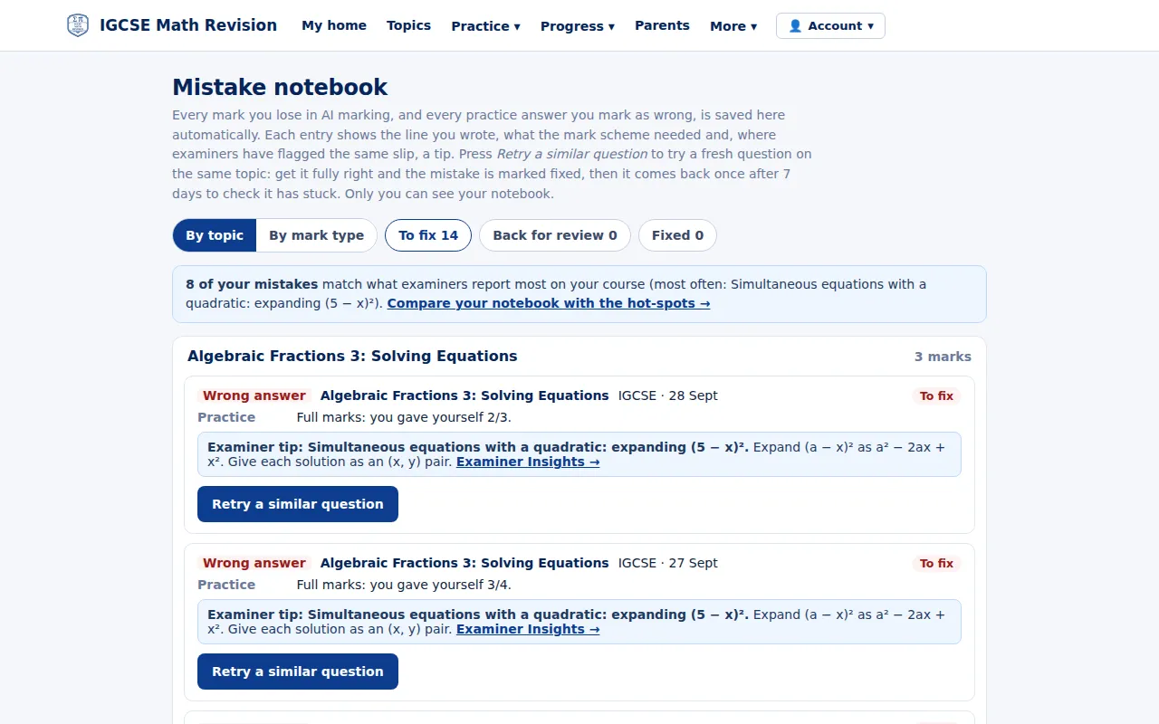 IGCSE Maths mistake notebook listing lost marks by topic with an examiner tip and a retry button