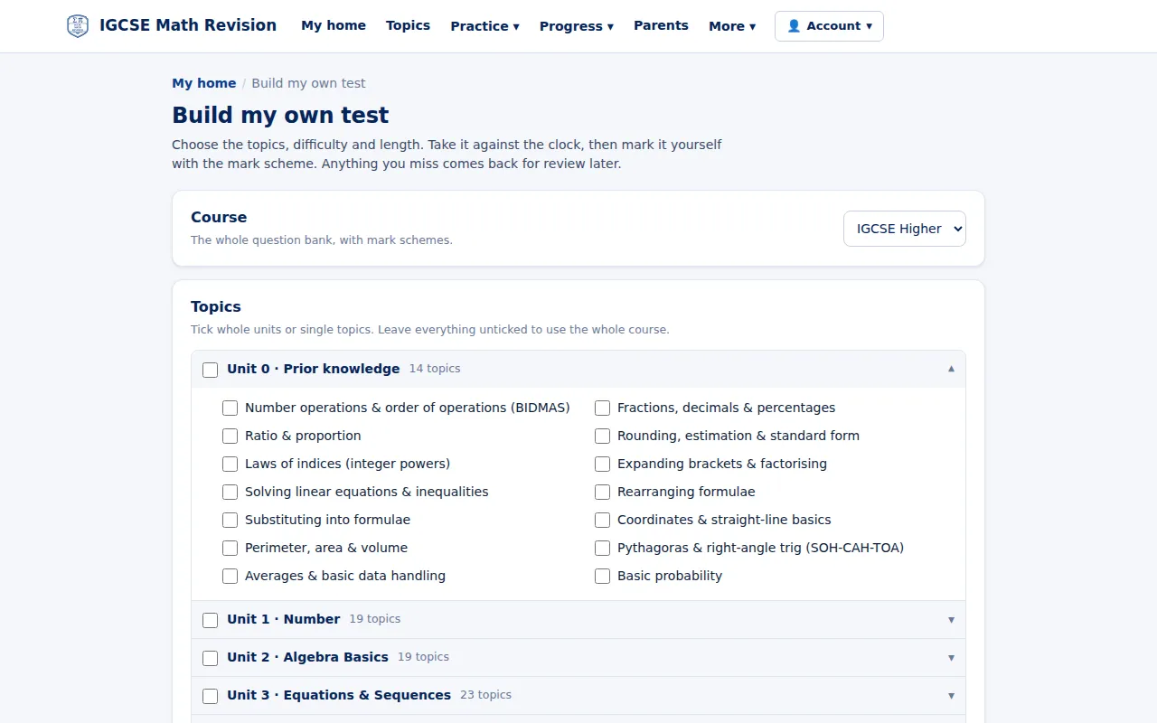 IGCSE Maths test builder: choosing topics, difficulty and length for a timed test