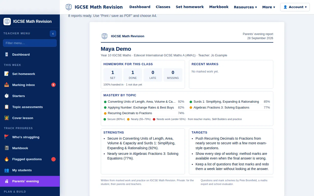 IGCSE Maths parents' evening report for a demo student