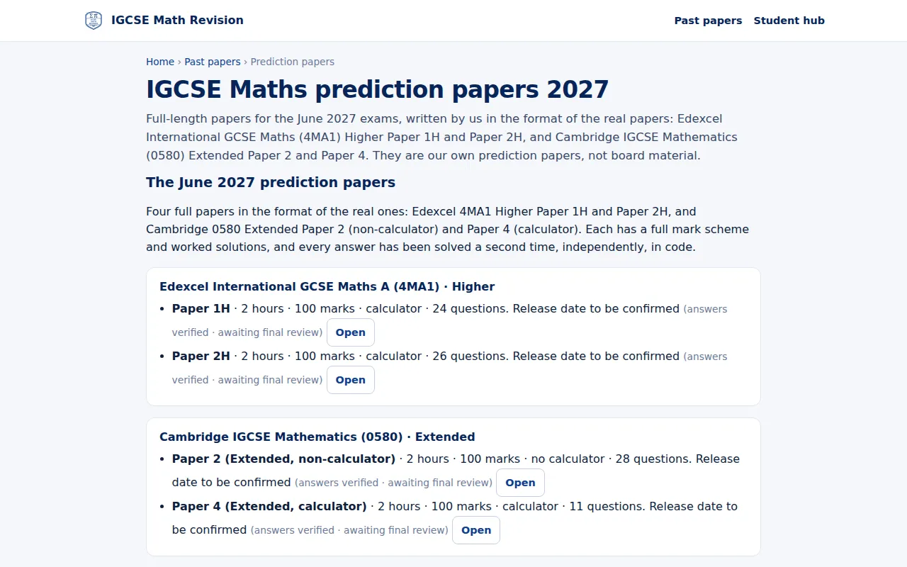 IGCSE Maths prediction papers page