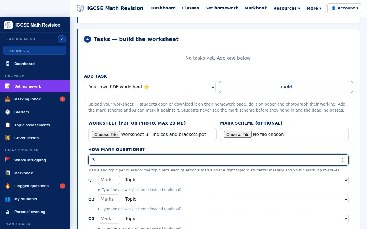 IGCSE Maths set homework page adding your own PDF worksheet as a task