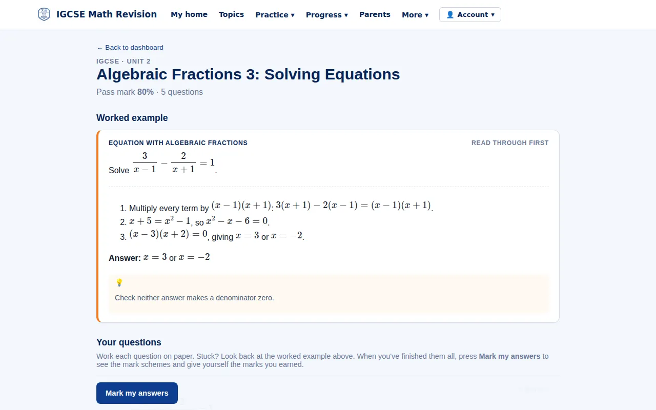 IGCSE Maths Skill Builder: a worked example followed by practice questions on one topic