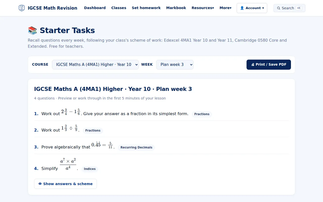IGCSE Maths weekly starter questions for a class