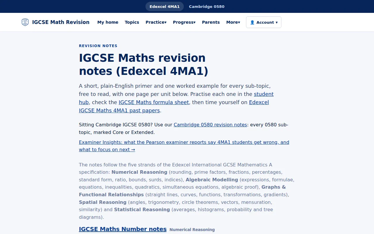 IGCSE Maths revision notes page with units and a worked example