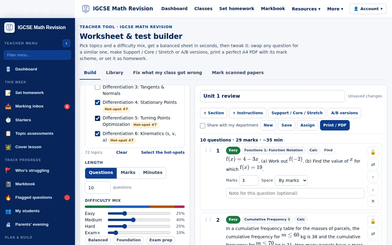 IGCSE Maths worksheet builder with a generated sheet of questions