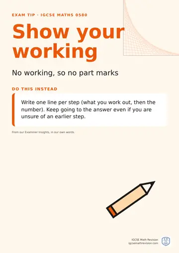 Exam technique poster for IGCSE Maths 0580: Show your working. Write one line per step (what you work out, then the number). Keep going to the answer even if you are unsure of an earlier step.