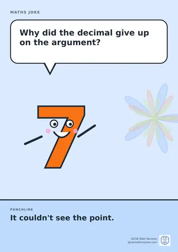 Cartoon maths joke poster. A smiling number 7 asks: "Why did the decimal give up on the argument?" Punchline: "It couldn't see the point."