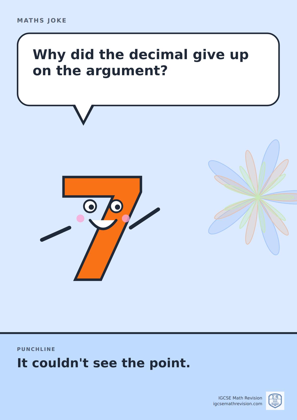 Cartoon maths joke poster. A smiling number 7 asks: "Why did the decimal give up on the argument?" Punchline: "It couldn't see the point."