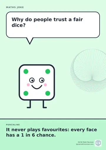 Cartoon maths joke poster. A smiling dice asks: "Why do people trust a fair dice?" Punchline: "It never plays favourites: every face has a 1 in 6 chance."