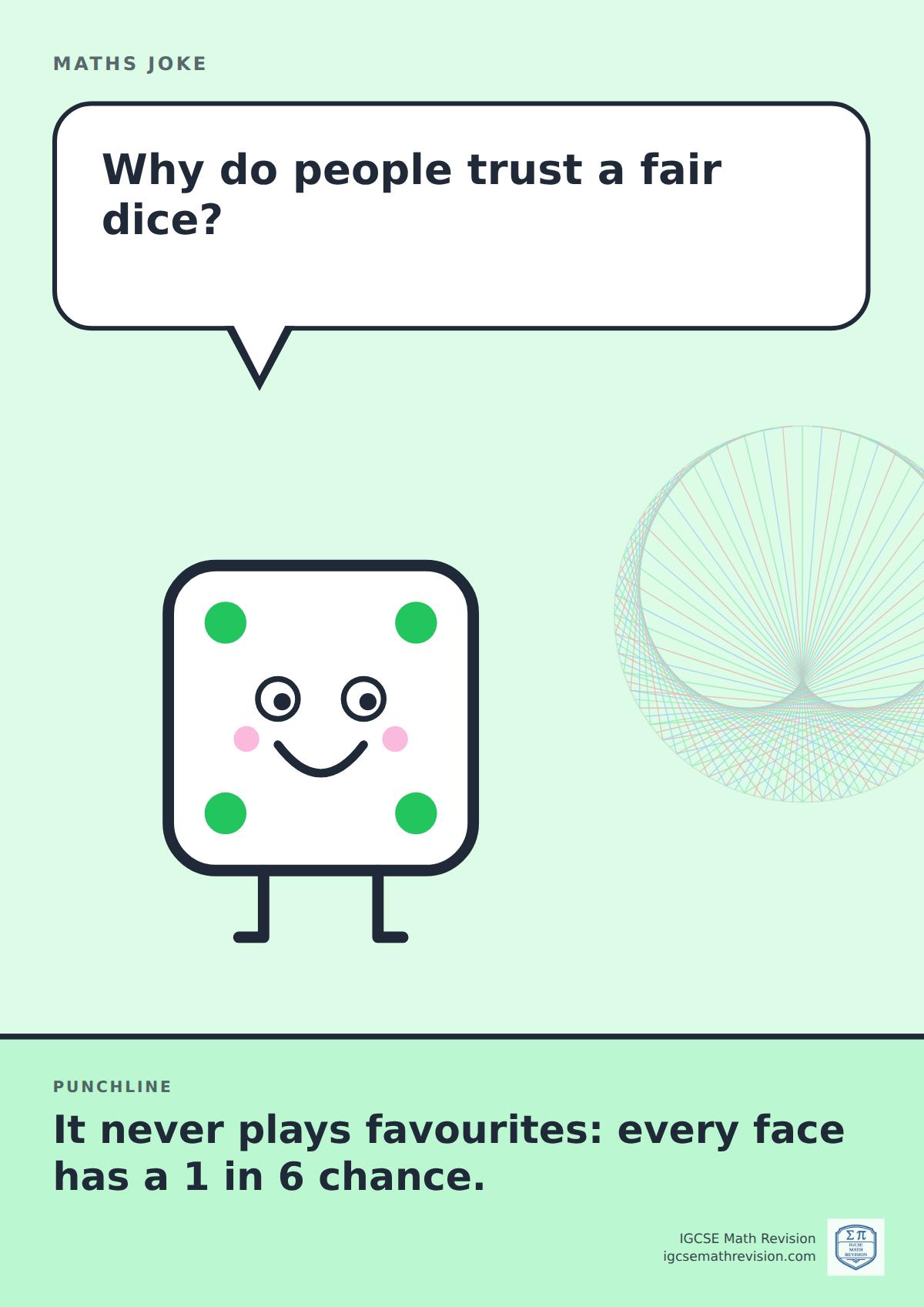 Cartoon maths joke poster. A smiling dice asks: "Why do people trust a fair dice?" Punchline: "It never plays favourites: every face has a 1 in 6 chance."