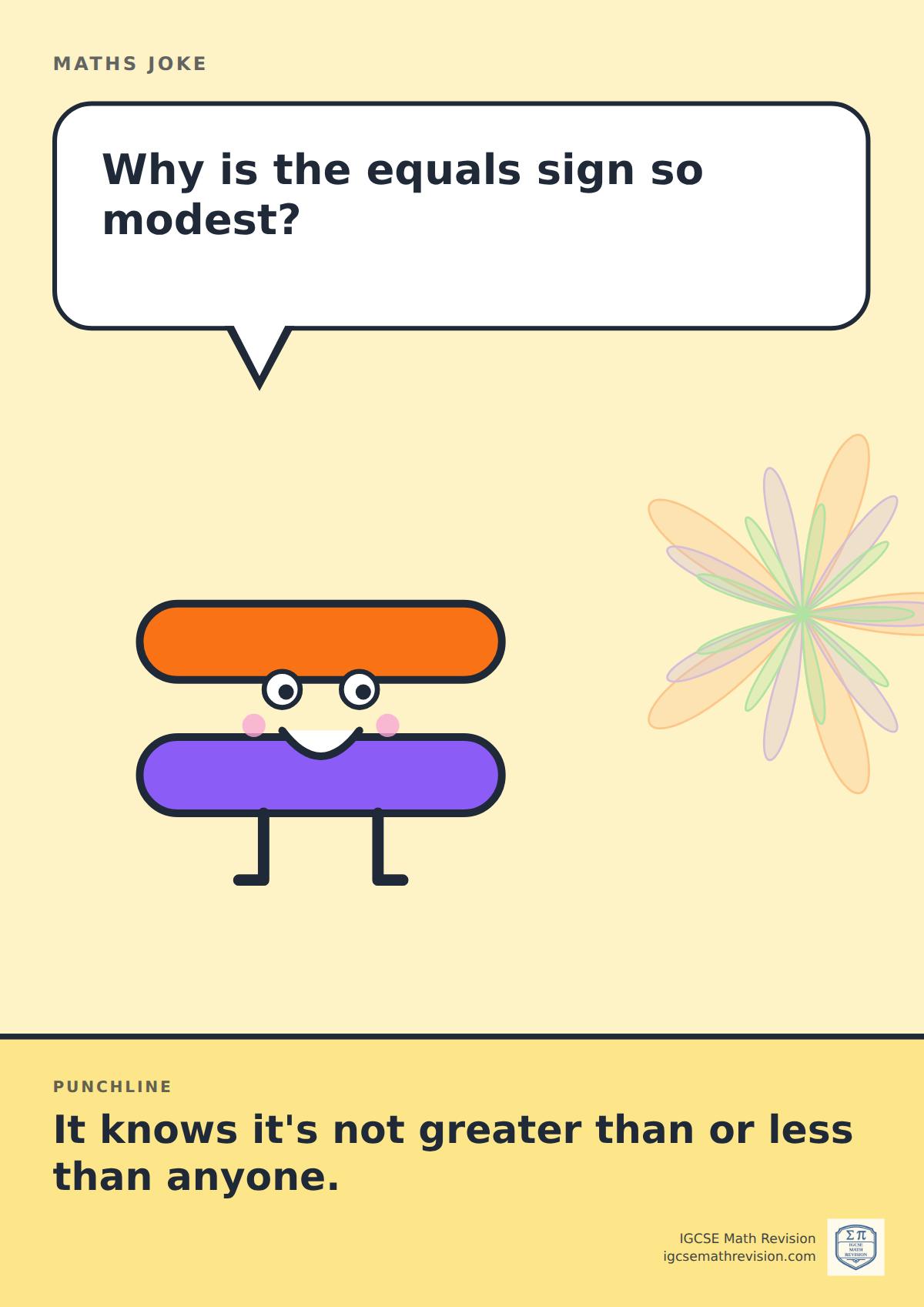 Cartoon maths joke poster. A smiling equals sign asks: "Why is the equals sign so modest?" Punchline: "It knows it's not greater than or less than anyone."