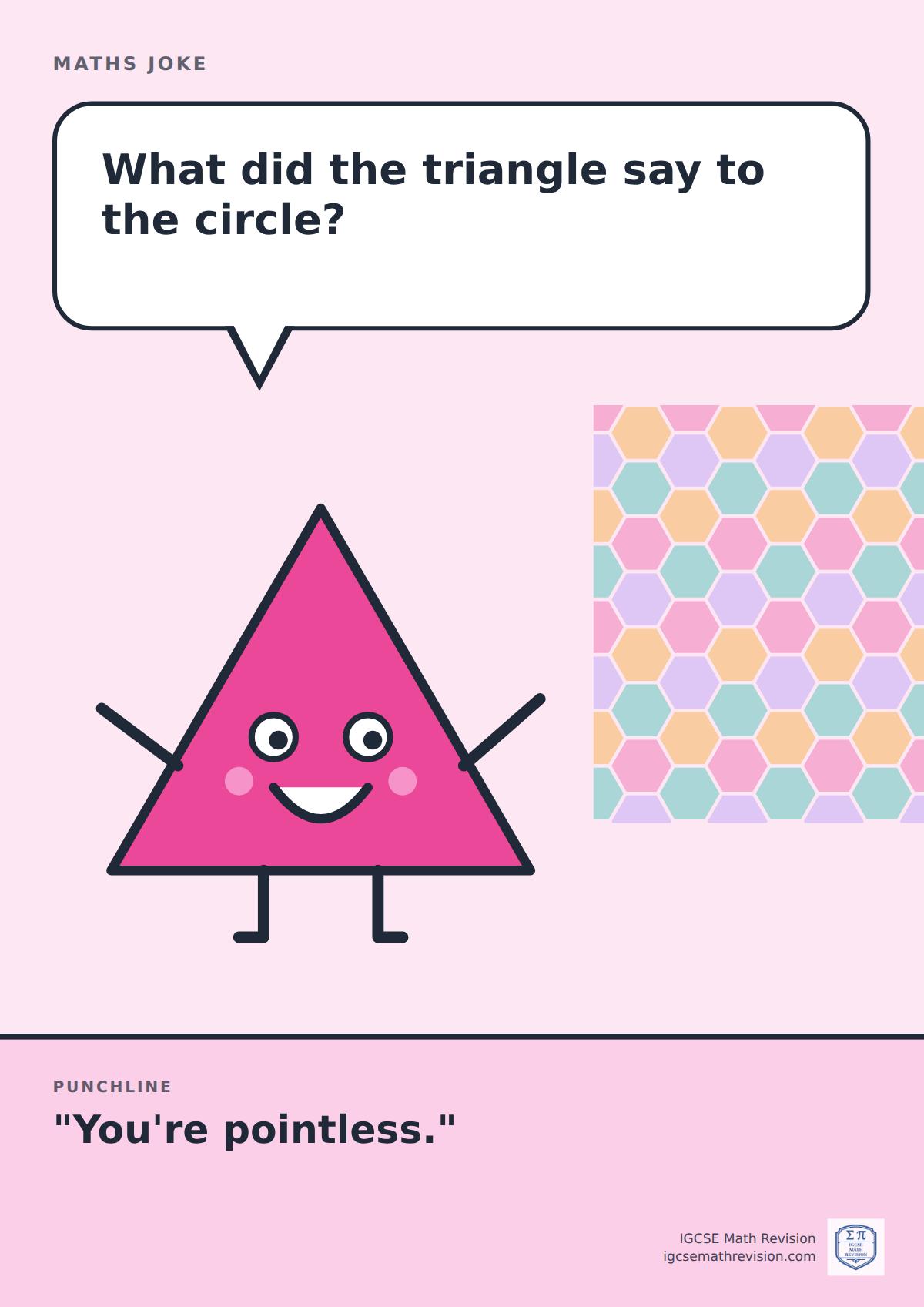Cartoon maths joke poster. A smiling triangle asks: "What did the triangle say to the circle?" Punchline: "You're pointless."