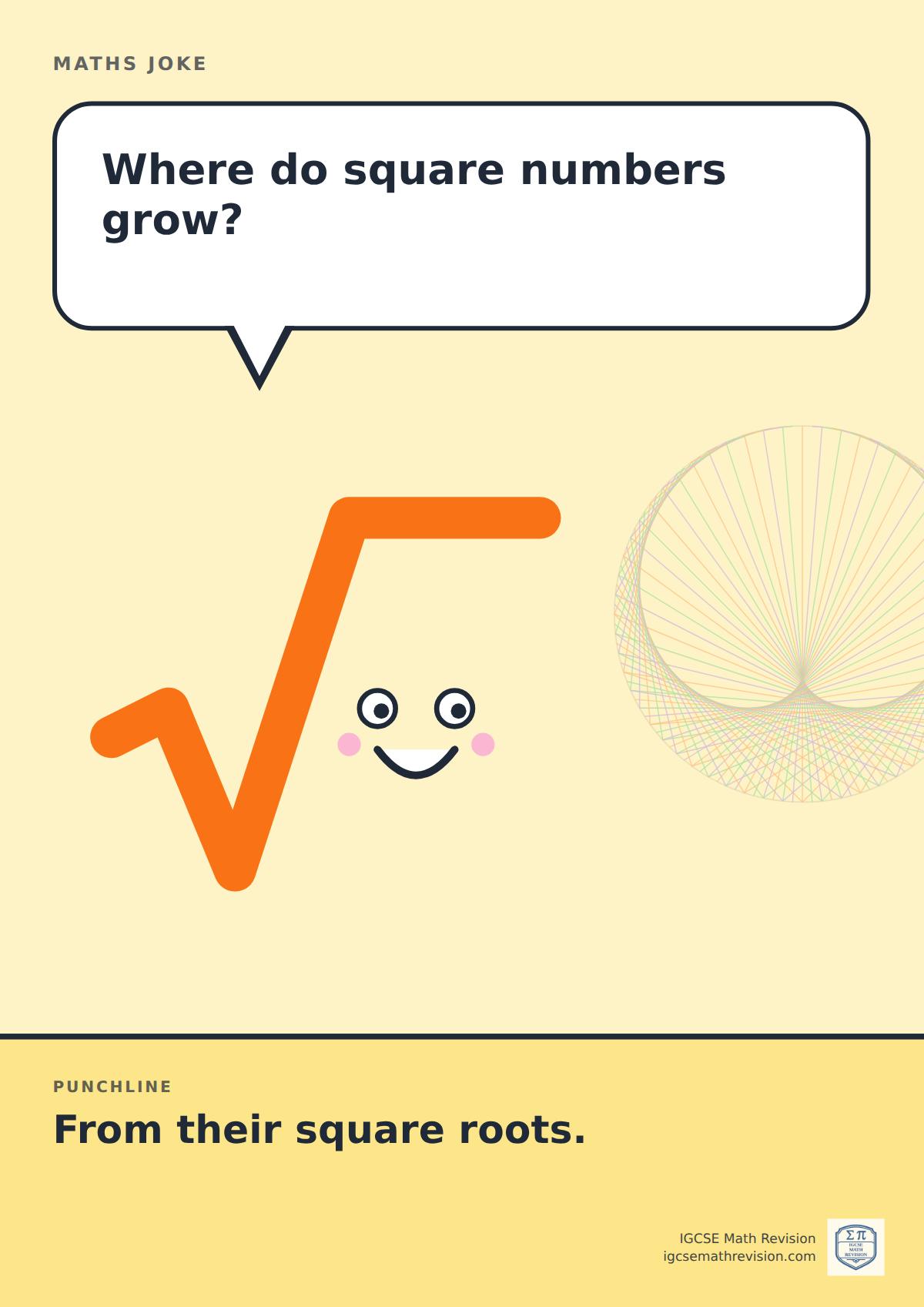Cartoon maths joke poster. A smiling square-root sign asks: "Where do square numbers grow?" Punchline: "From their square roots."