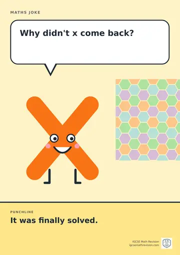 Cartoon maths joke poster. A smiling letter x asks: "Why didn't x come back?" Punchline: "It was finally solved."