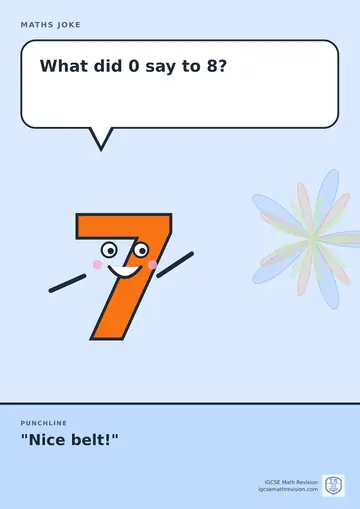 Cartoon maths joke poster. A smiling number 7 asks: "What did 0 say to 8?" Punchline: "Nice belt!"